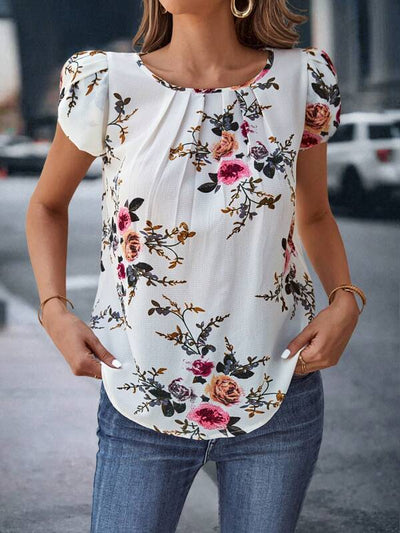 Print Pleated Sleeve Blouse